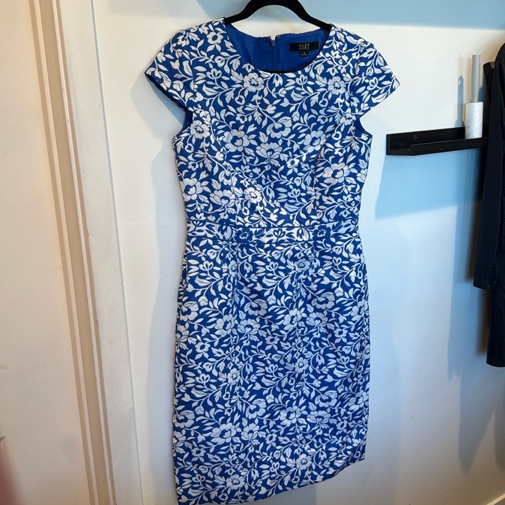Alex Marie Straight Dress Cap Sleeve Blue White Blue Women's Size 8